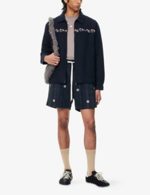 Shop Kartik Research Mens Black/grey Embroidered-mirrors Relaxed-fit Cotton-linen Jacket Xl