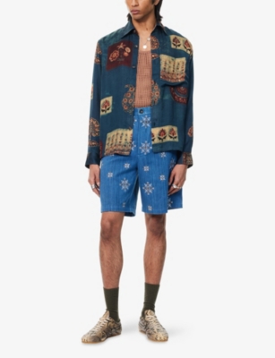 Shop Kartik Research Mens Navy/green/yellow Camp Graphic-print Silk Shirt