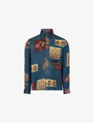 Shop Kartik Research Mens Navy/green/yellow Camp Graphic-print Silk Shirt