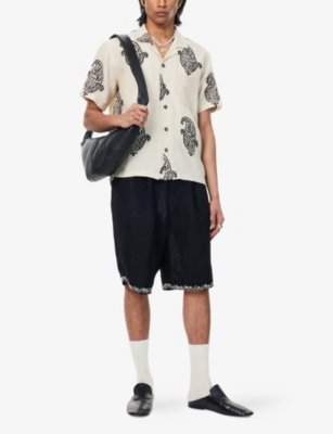 Shop Kartik Research Mens Black/white Embroidered Pleated Linen Shorts