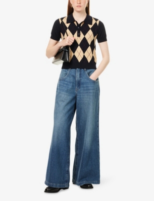 Frame Womens Navy Multi The Argyle Short-sleeve Merino-wool Polo Top
