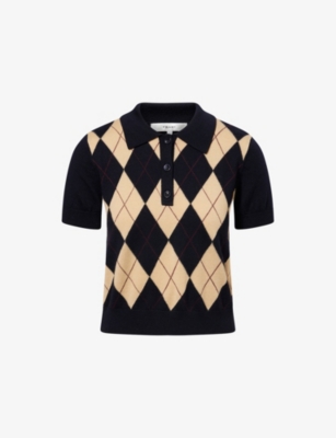 Frame Womens Navy Multi The Argyle Short-sleeve Merino-wool Polo Top