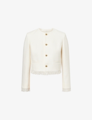 Frame Womens Fringed Cropped Tweed Jacket White
