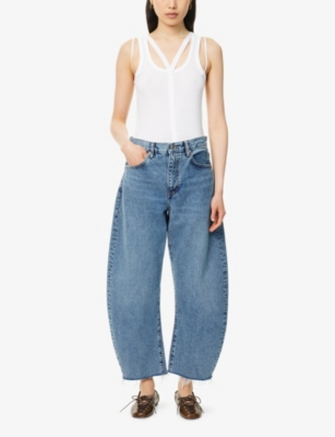 FRAME WOMENS KNOCK OUT RAW FRAY BUBBLE CROP CURVED-LEG DENIM JEANS 