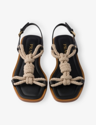 Prada Flat Leather And Cord Sandals In Black