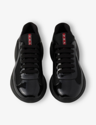 Prada Men's America's Cup Patent Leather Patchwork Sneakers In Black