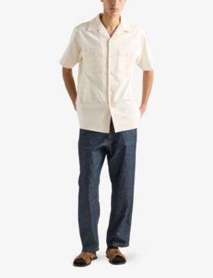 Prada Mens  Triangle-logo Relaxed Chambray Cotton-linen Trousers
