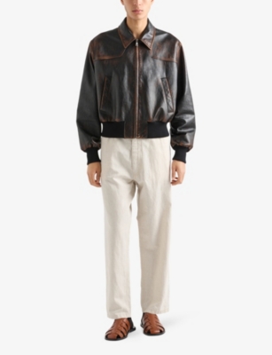 PRADA: Triangle-Logo Relaxed Chambray Cotton-Linen Trousers