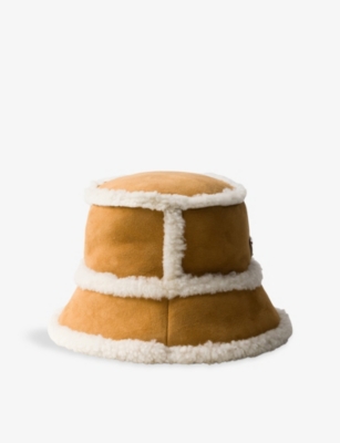 Prada Mens Neutral Shearling Suede Bucket Hat