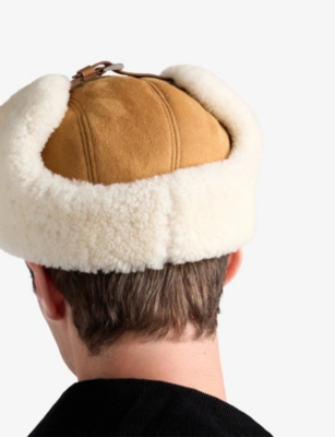 Prada Mens Neutral Shearling Suede Trapper Hat