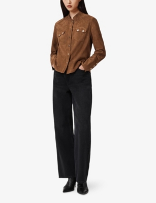 Allsaints Womens Sugar Brown Rock Grandad-collar Long-sleeve Suede Shirt In Brown