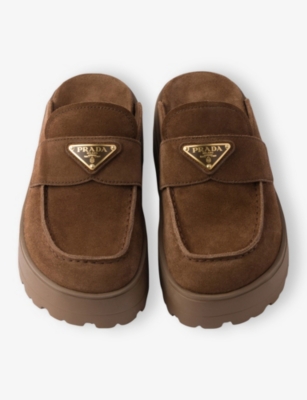 PRADA: Triangle-Logo Suede Flatform Mules