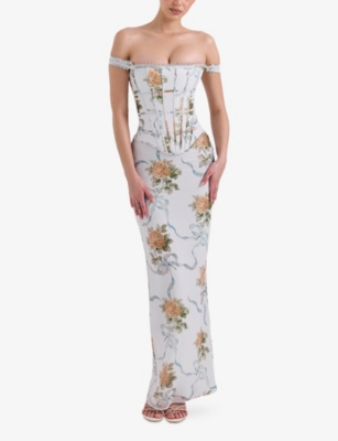 House Of Cb Of Cb Womens Soft Blue Rose Print Isis Corseted Woven Maxi Dress