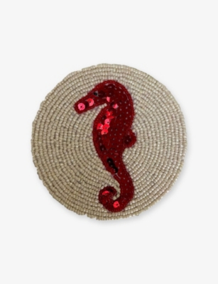 LES OTTOMANS: Seahorse Sequin-Embellished Set of Four Glass-Beaded Coasters 12cm