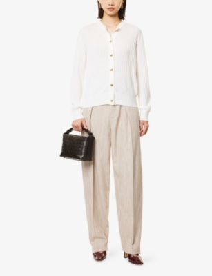 Bottega Veneta Womens Rib Knot-button Wool Knitted Cardigan Chalk