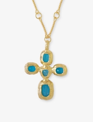 LA MAISON COUTURE: Ece London The Aurora Cross 22ct Yellow Gold Vermeil And Blue Topaz Necklace