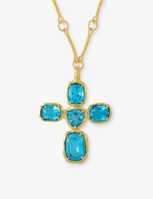 LA MAISON COUTURE: Ece London The Aurora Cross 22ct Yellow Gold Vermeil And Blue Topaz Necklace