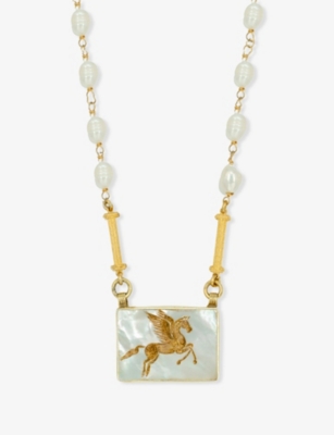 LA MAISON COUTURE: Ece London The Pegasus 22ct Yellow Gold Vermeil Mother-Of-Pearl And Pearl Necklace