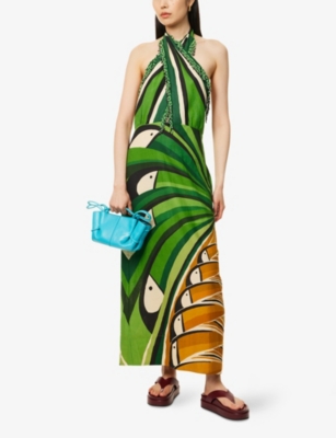 Halter Bead-Fringe Sleeveless Cotton-Linen Midi Dress