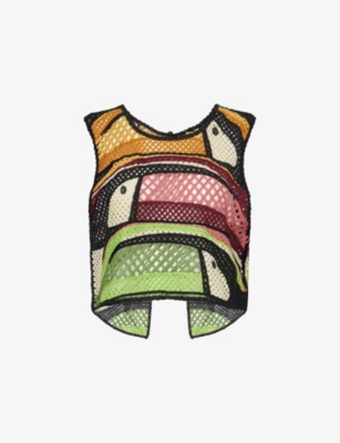 Farm Rio Womens Split-back Sleeveless Crochet Knitted Top Toucan Tree Green