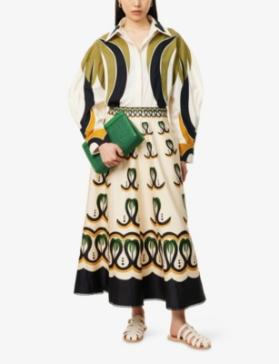 FARM RIO WOMENS COCONUT TREE FLOW PLEATED LONG-SLEEVE PANELLED COTTON BLOUSE 