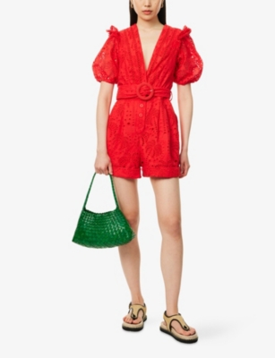 Farm Rio Womens Broderie Puff-sleeve Cotton Romper Playsuit Red Xs
