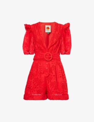 Farm Rio Womens Broderie Puff-sleeve Cotton Romper Playsuit Red Xs