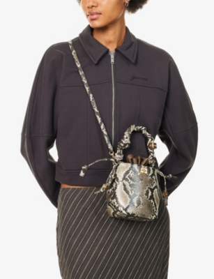 Ganni Womens Egret Bou Bucket Snake-print Leather-bend Bucket Bag