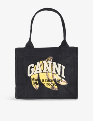 Ganni Womens Black Banana-print Large Cotton Shopper Bag