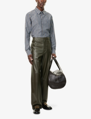 Bottega Veneta Mens Bold-stripe Regular-fit Cotton And Linen-blend Shirt Blue Khaki Black In Blue
