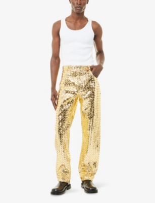 Bottega Veneta Mens Intrecciato-weave Straight-leg Laminated-leather Trousers Metallic Gold In Gold