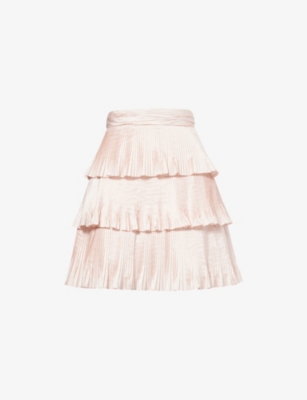 Valentino Womens Soft Poudre Pleat Tiered-ruffle Taffeta Silk Mini Skirt In Pink
