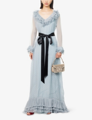 Polka-Dot Pattern Ruffled Silk-Blend Gown