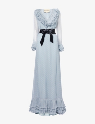 Polka-Dot Pattern Ruffled Silk-Blend Gown