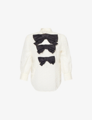 VALENTINO GARAVANI: Bow Embroidered Cotton-Poplin Blouse