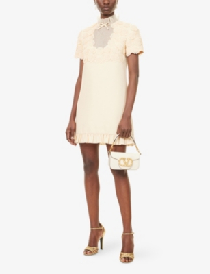 VALENTINO GARAVANI: Floral-Appliqué Wool-Silk Mini Dress