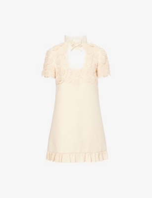 VALENTINO GARAVANI: Floral-Appliqué Wool-Silk Mini Dress