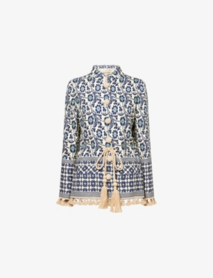 Valentino Womens Betulla Blu Floral-pattern Tasselled Canvas Jacket In Blue