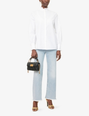 Valentino Womens Bianco Ottico Ruffle-trim Long-sleeve Cotton Shirt In White