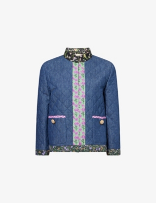 Valentino Womens Blu Medio Chambray Floral-print Denim Jacket In Blue