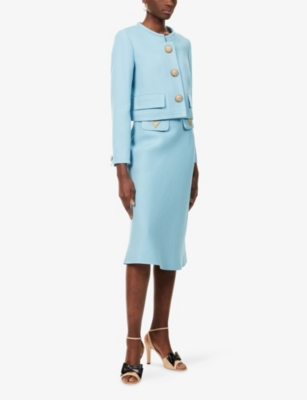 Valentino Womens Bluish Grey Embellished-button Round-neck Woven Jacket In Blue
