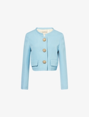 Valentino Womens Bluish Grey Embellished-button Round-neck Woven Jacket In Blue