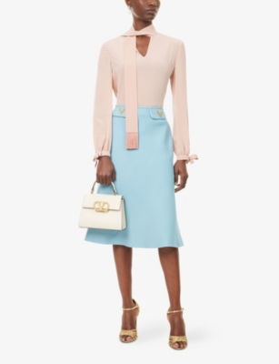 Valentino Womens Bluish Grey Vlogo Hardware Flared Woven Midi Skirt In Blue