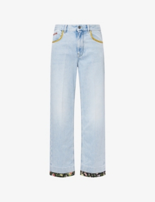 VALENTINO GARAVANI: Pattern-Trim Straight-Leg Denim Jeans
