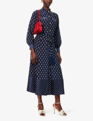 Valentino Womens Indaco Multicolor Printed Belted Silk Midi Dress In Blue