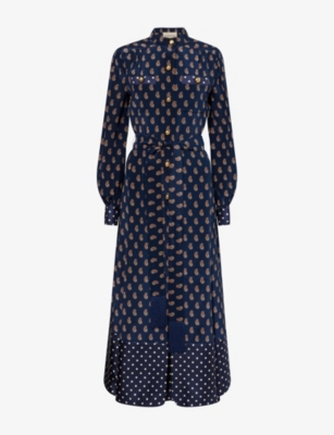 Valentino Womens Indaco Multicolor Printed Belted Silk Midi Dress In Blue