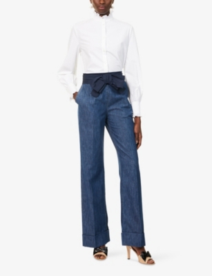 Valentino Womens Medium Blue Denim Bow-embroidered Wide-leg Denim Jeans In Blue