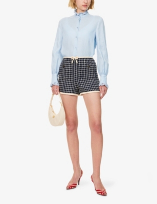 Shop Valentino Womens Navy Avorio Bouclé High-rise Wool-blend Shorts