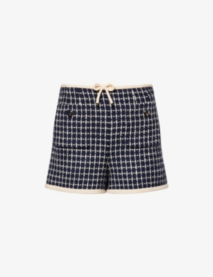 Shop Valentino Womens Navy Avorio Bouclé High-rise Wool-blend Shorts