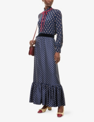 Valentino Womens Navy Betulla Polka Dot Ruffle Silk Midi Skirt In Blue